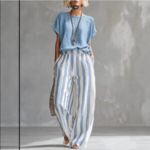 Women's Striped Cotton-Linen Two-Piece Set