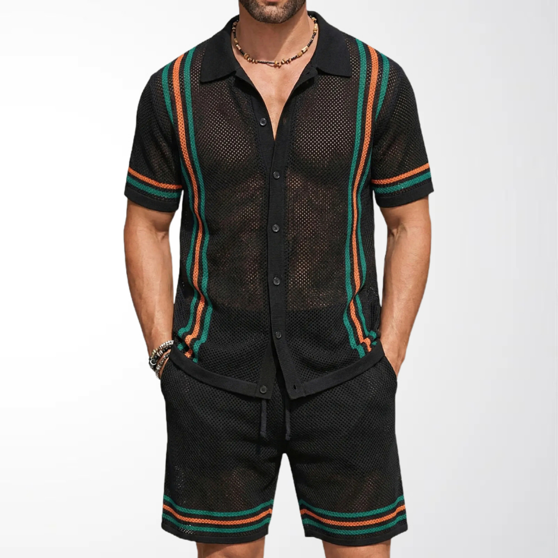 Men's Hollow-Out Short-Sleeve Knitted Sweater Set