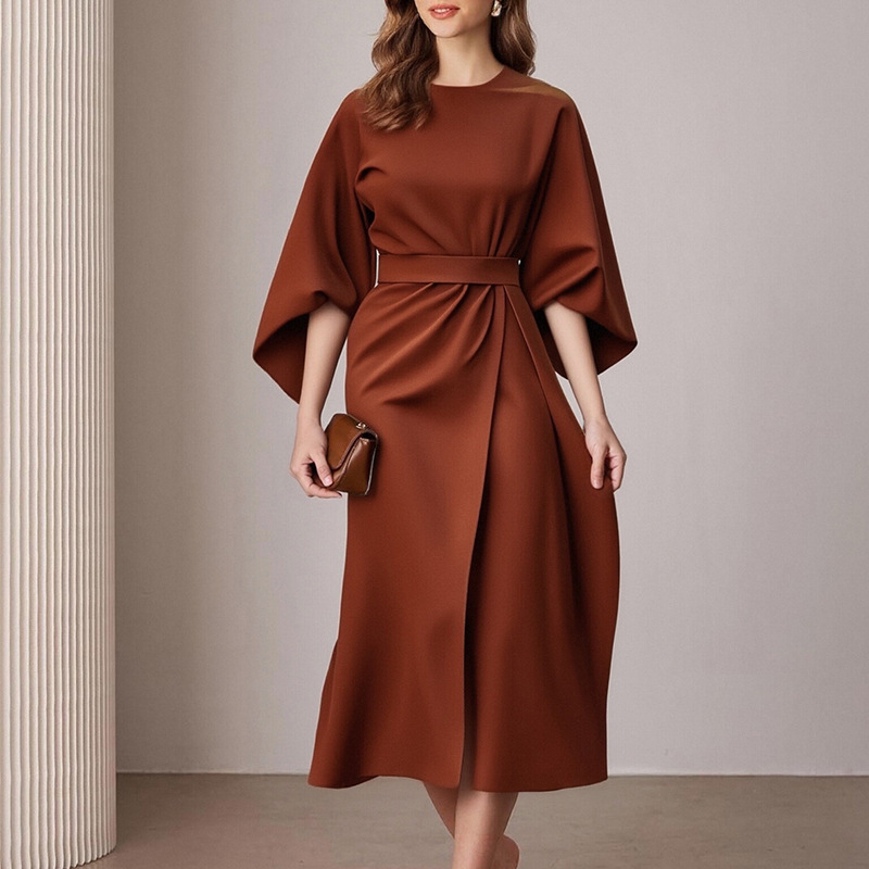 Fashionable Casual Everyday Commuter Solid-color Crew-neck Lace-up Dress - Image 10