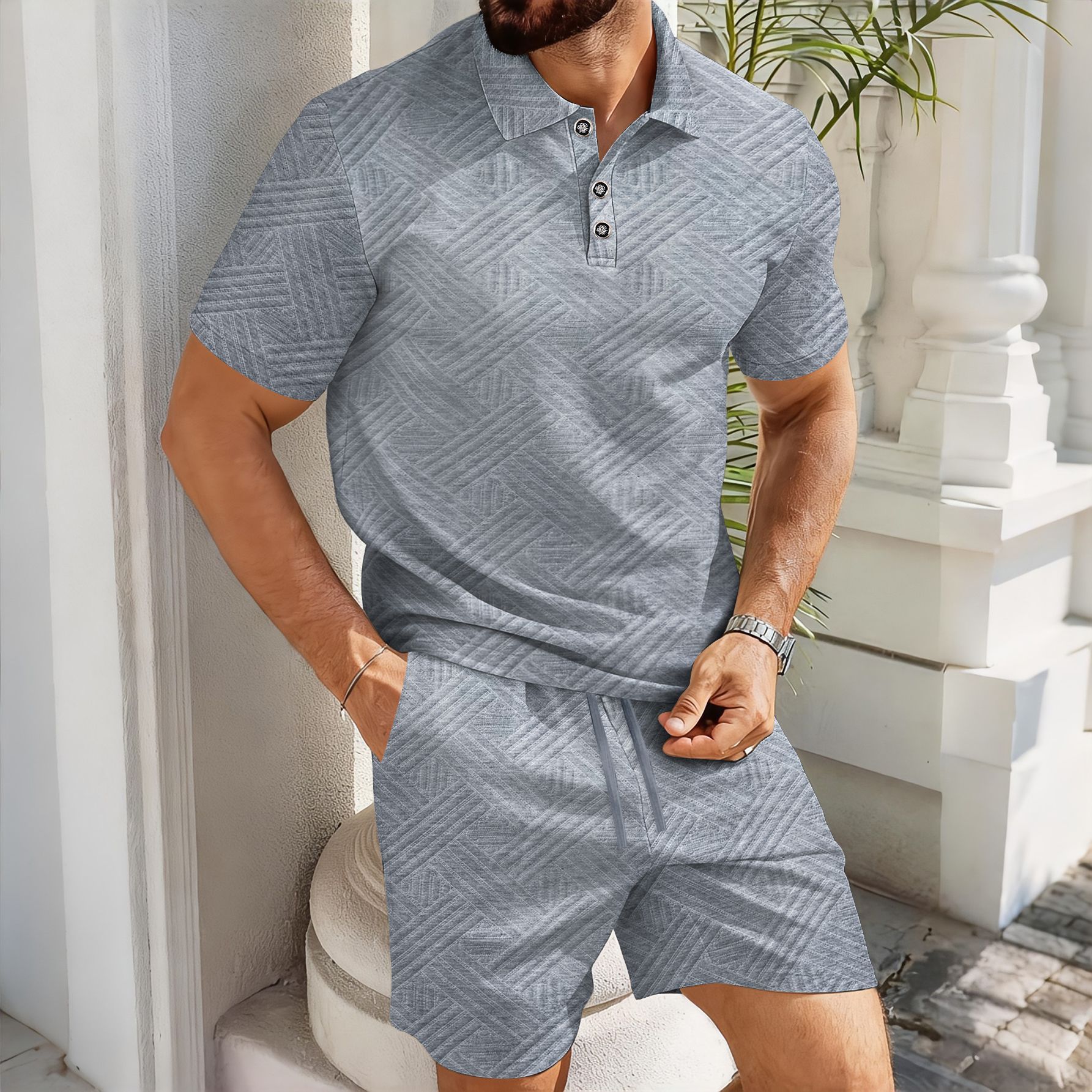 Solid-color Jacquard Short-sleeve Polo Shirt And Shorts Casual Two-piece Set - Image 6