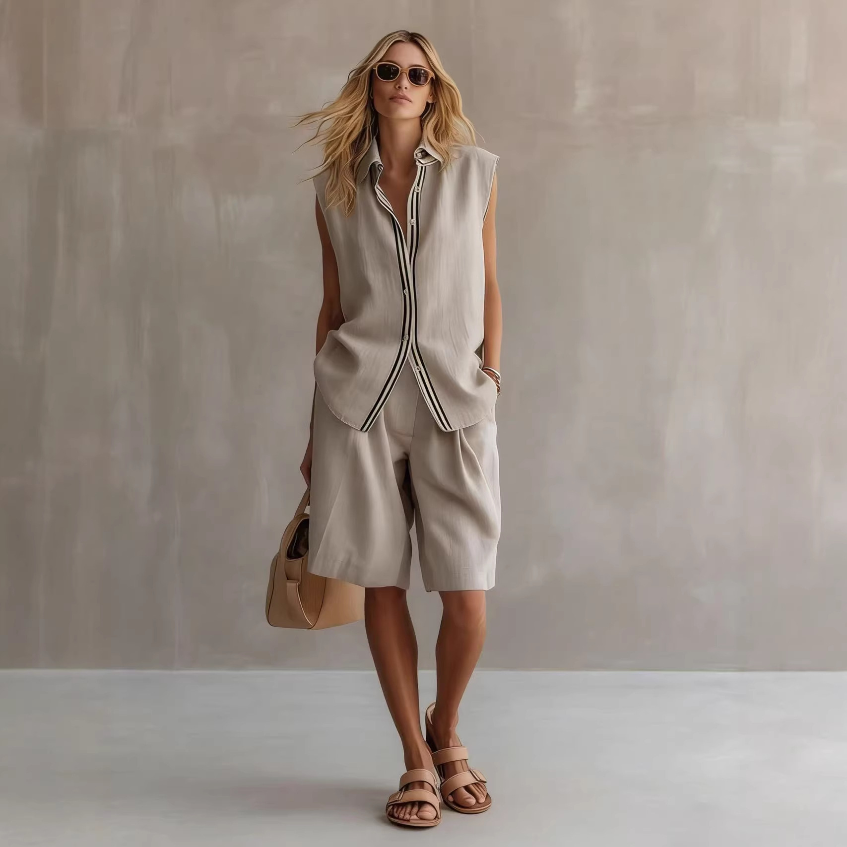 Single-breasted Sleeveless Linen Shirt And Shorts Set - Image 2