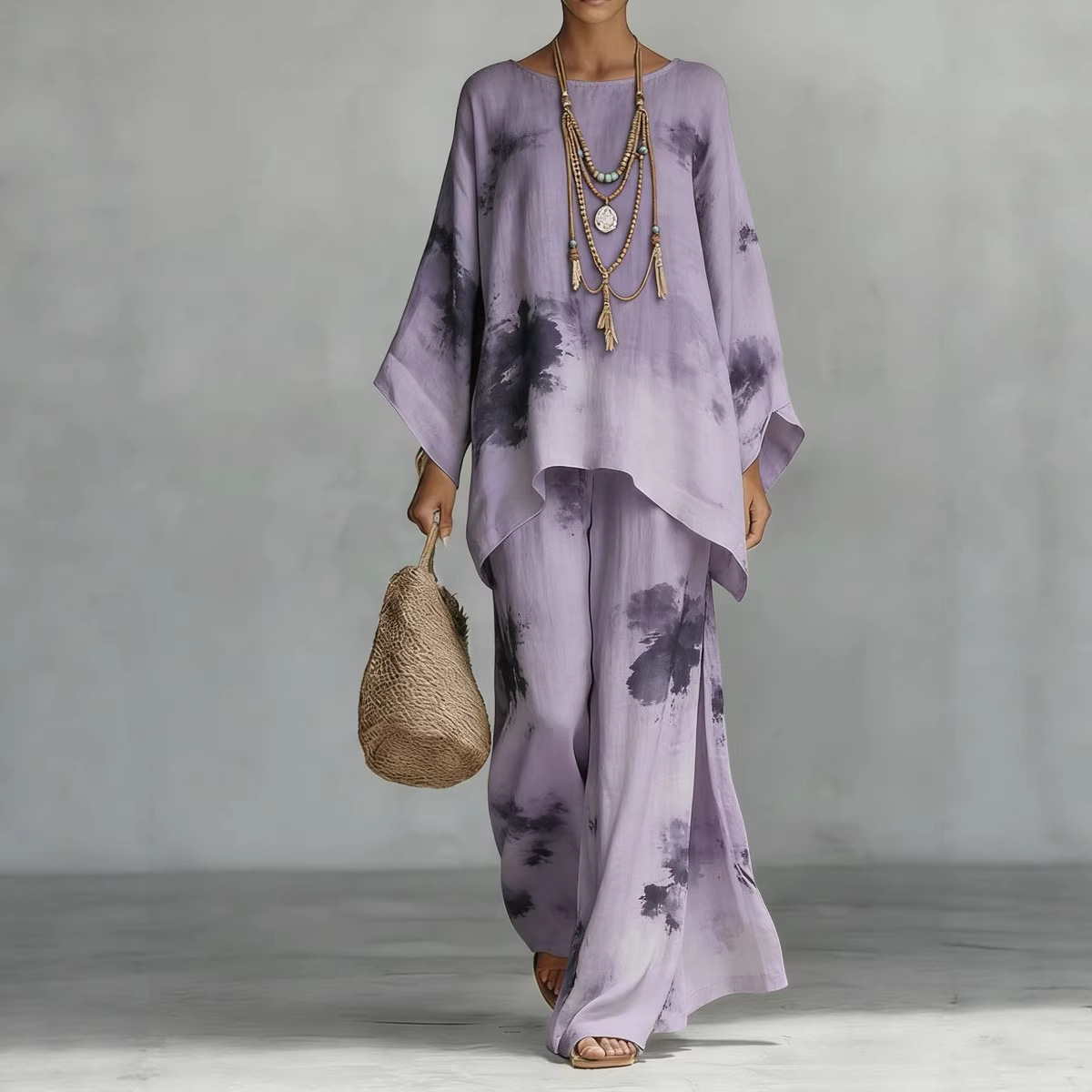 Women's Floral Print Linen Wide-Leg Two-Piece Set - Image 3