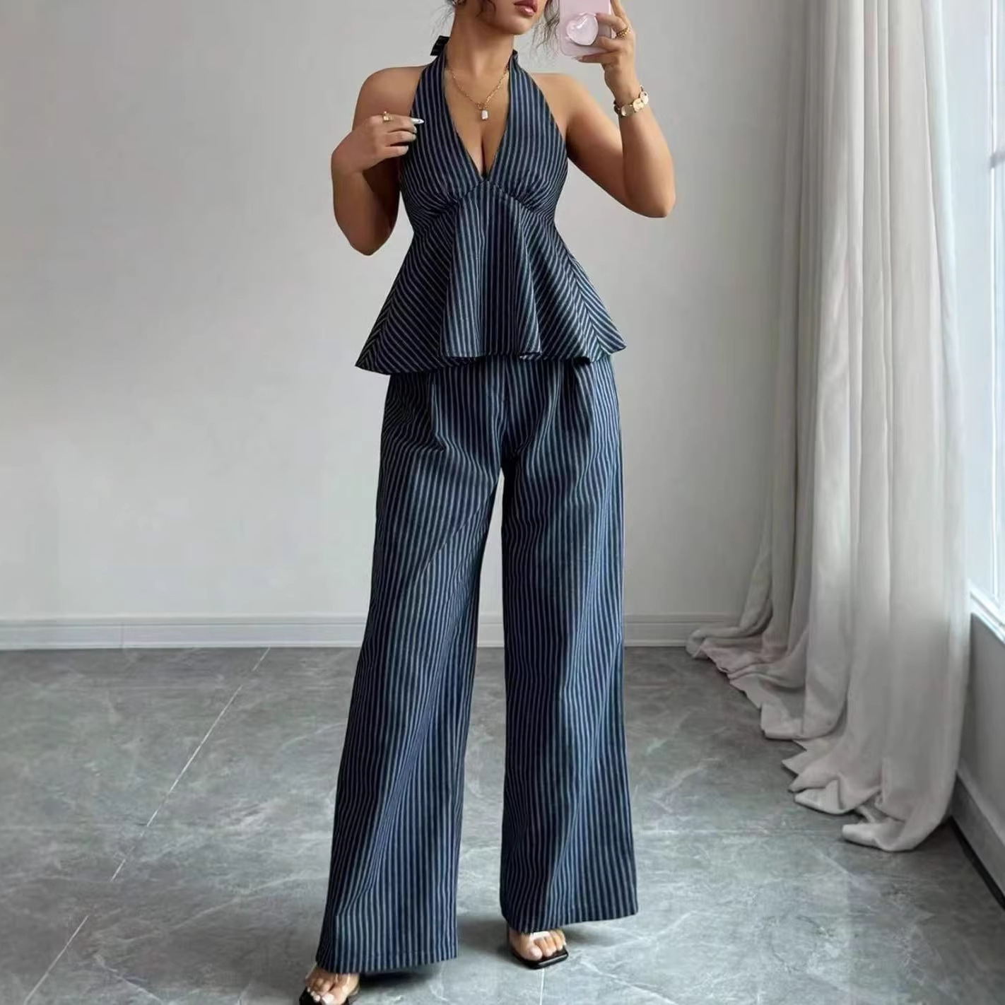 Sexy Backless Halter Jumpsuit And Straight Pants Fashionable Casual Set - Image 4