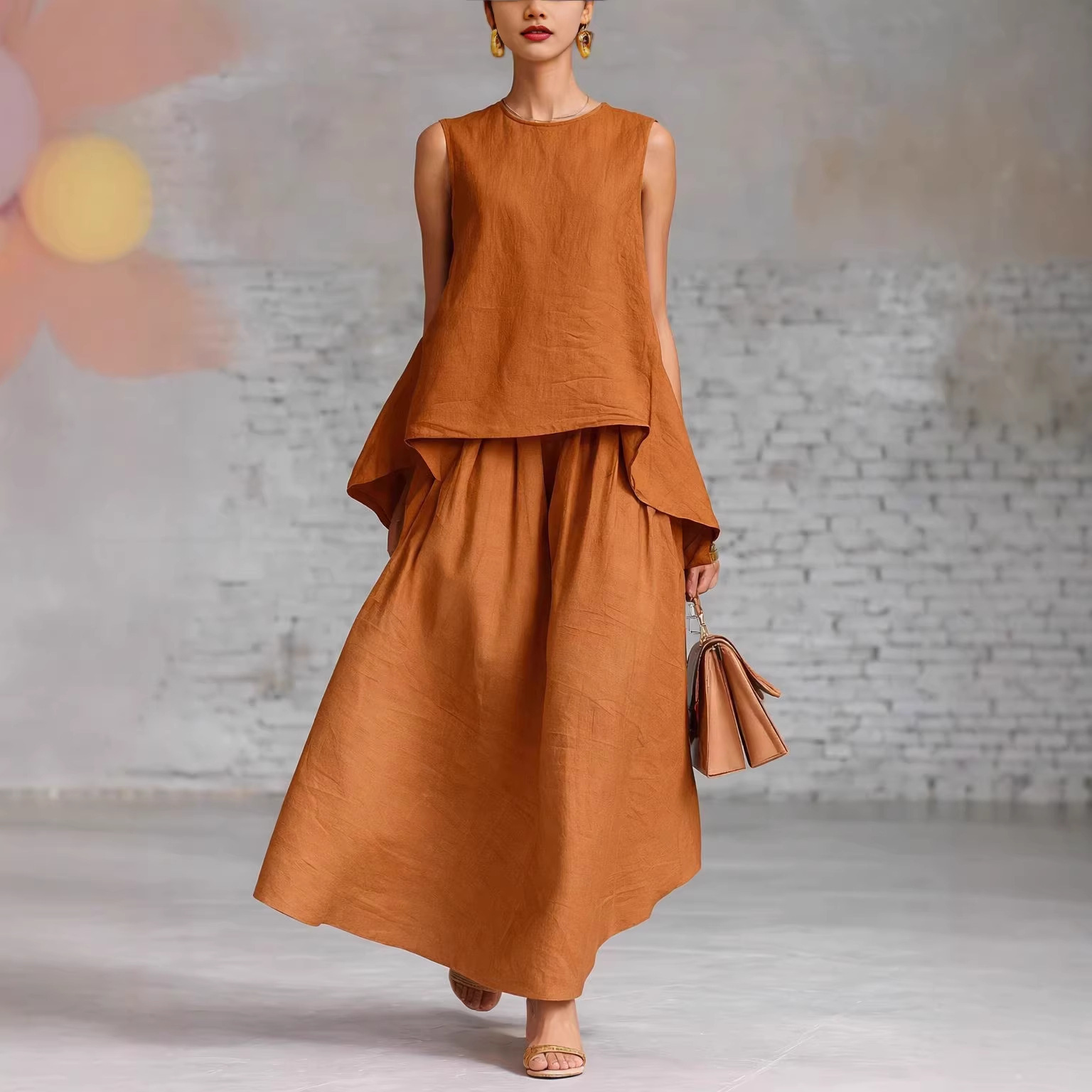 Elastic-waist Sleeveless Top With An Asymmetrical Hem And A Pleated Maxi Skirt - Image 8