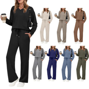 Long-sleeve Drawstring Solid-color Casual Pants Set