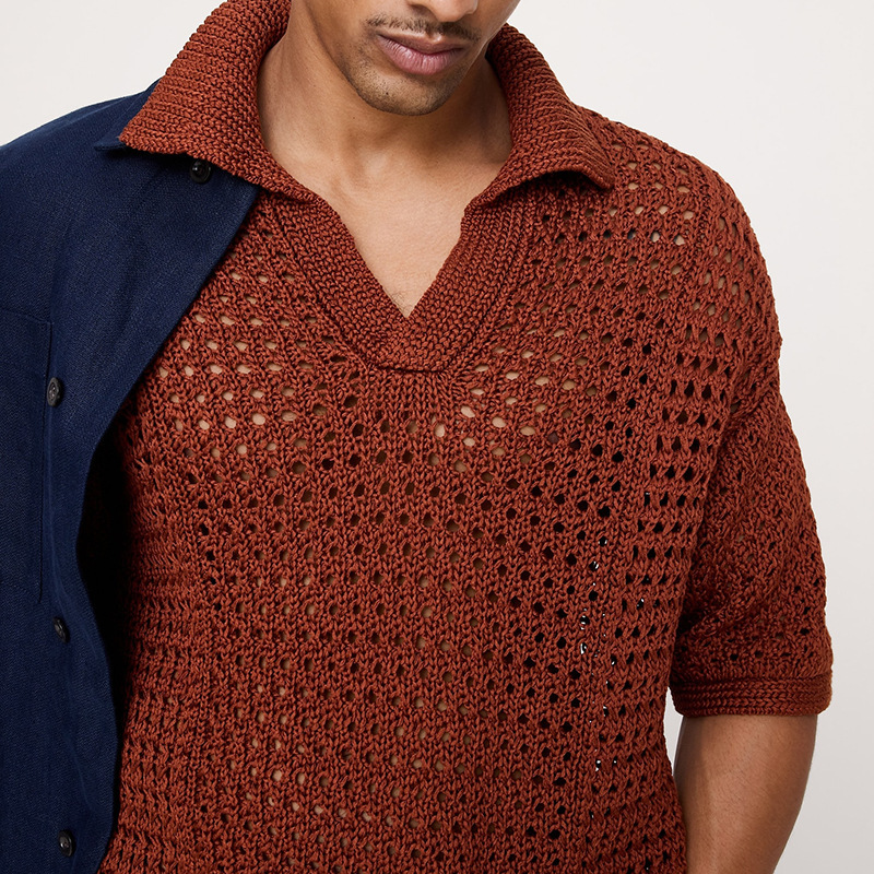 Hollow-out Mesh Knitted Short-Sleeve Polo Shirt T-Shirt - Image 4