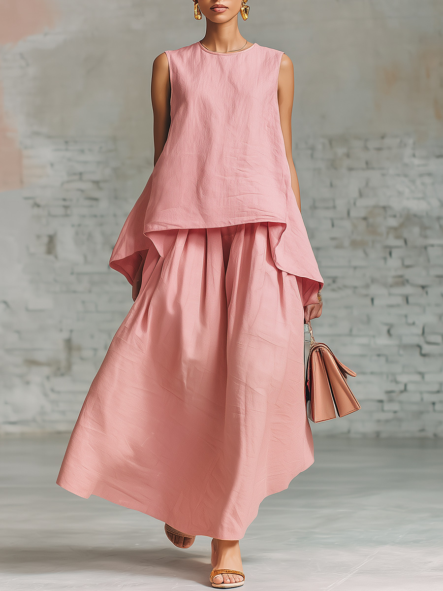 Elastic-waist Sleeveless Top With An Asymmetrical Hem And A Pleated Maxi Skirt - Image 10