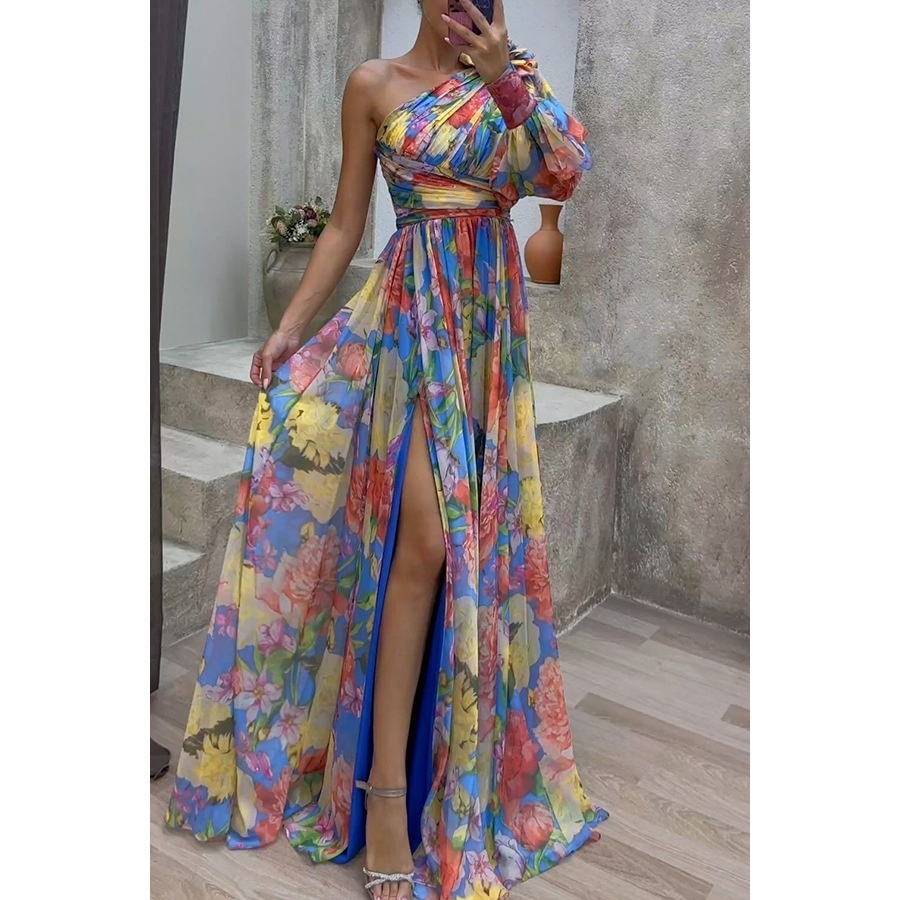 Floral Print Split Maxi Dress Fashion Sexy One-shoulder Long-sleeved Dresses Summer Beach Clothing For Women - Image 7