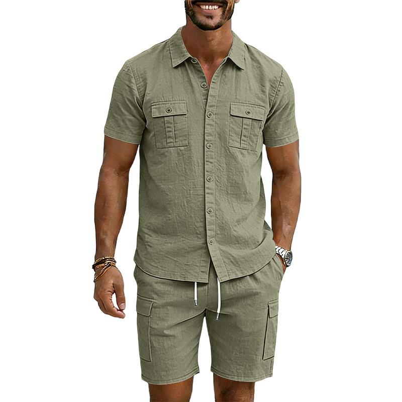 Men's Lapel Shirt And Multi-Pocket Shorts Set - Image 4