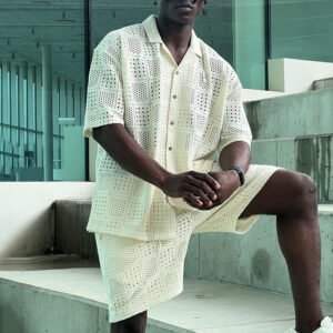 Mens Hollow-Out Lapel Button-Up Shirt And Loose Casual Shorts Set