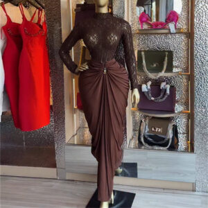 Sweet And Fresh Long-sleeve High-neck Lace Top With A High-waisted Sheath Skirt