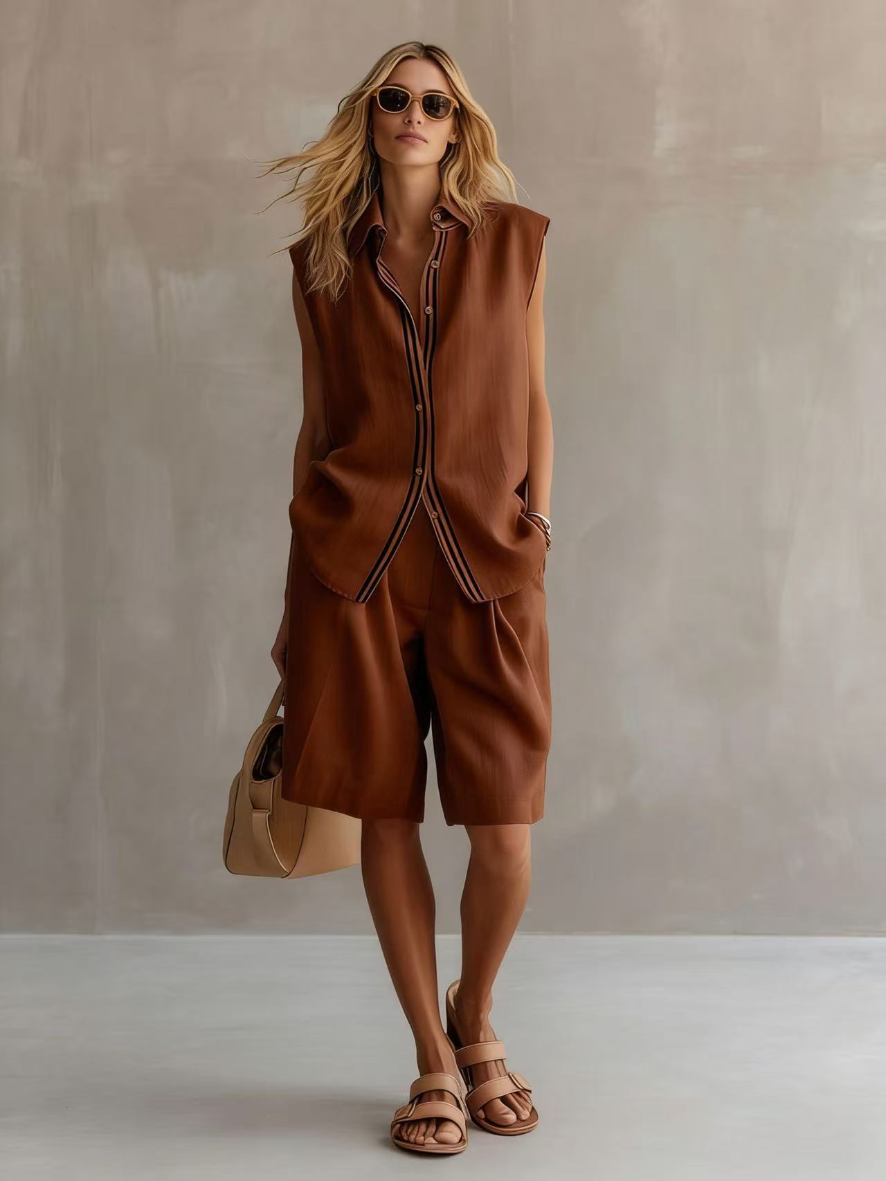 Single-breasted Sleeveless Linen Shirt And Shorts Set - Image 4