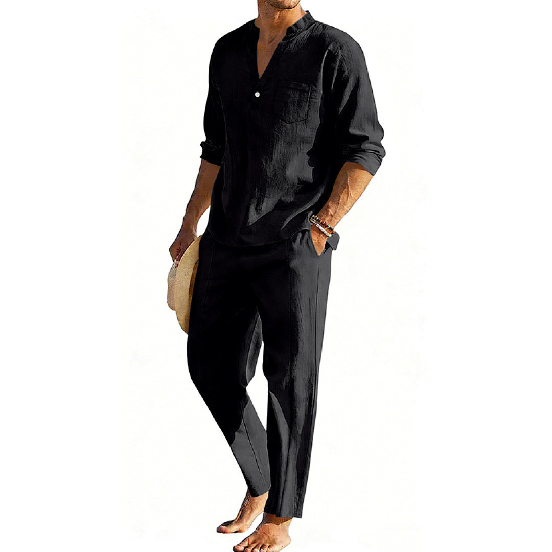 Casual Men's Henley Long-Sleeve Straight-Leg Pants Set - Image 5