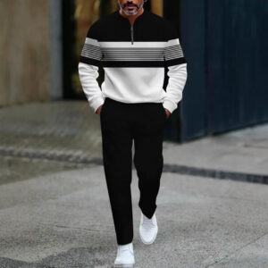 Mens Casual Fashion Long-Sleeve Top And Pants Set With A Half-Open Placket And Zipper