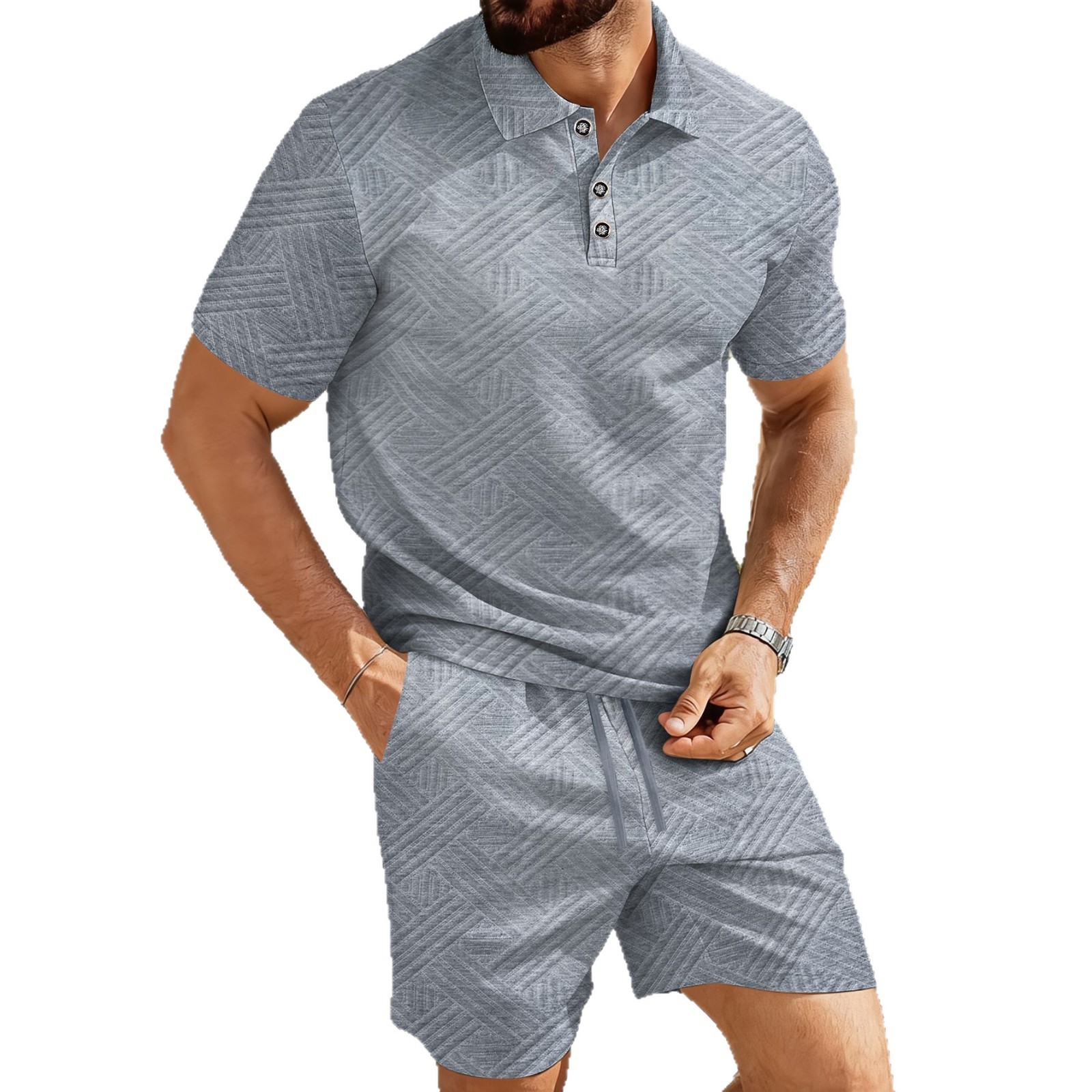 Solid-color Jacquard Short-sleeve Polo Shirt And Shorts Casual Two-piece Set - Image 5