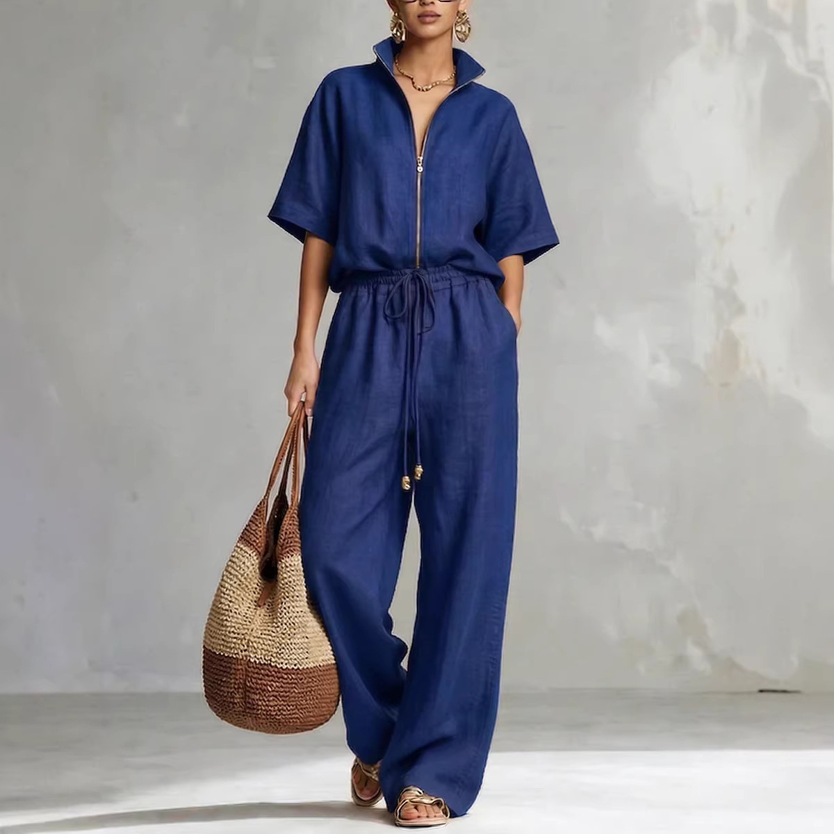 Womens Casual Loose Solid-Color Zip-Up Crew-Neck Wide-Leg Pants Set - Image 4