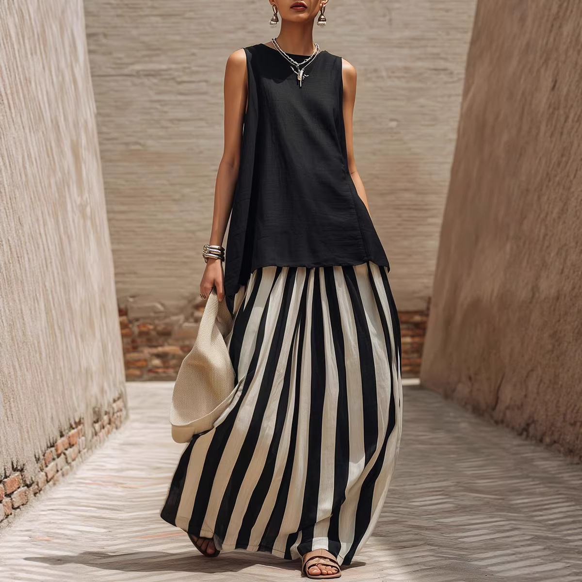 Sleeveless Striped Fashionable Vacation Set - Image 3