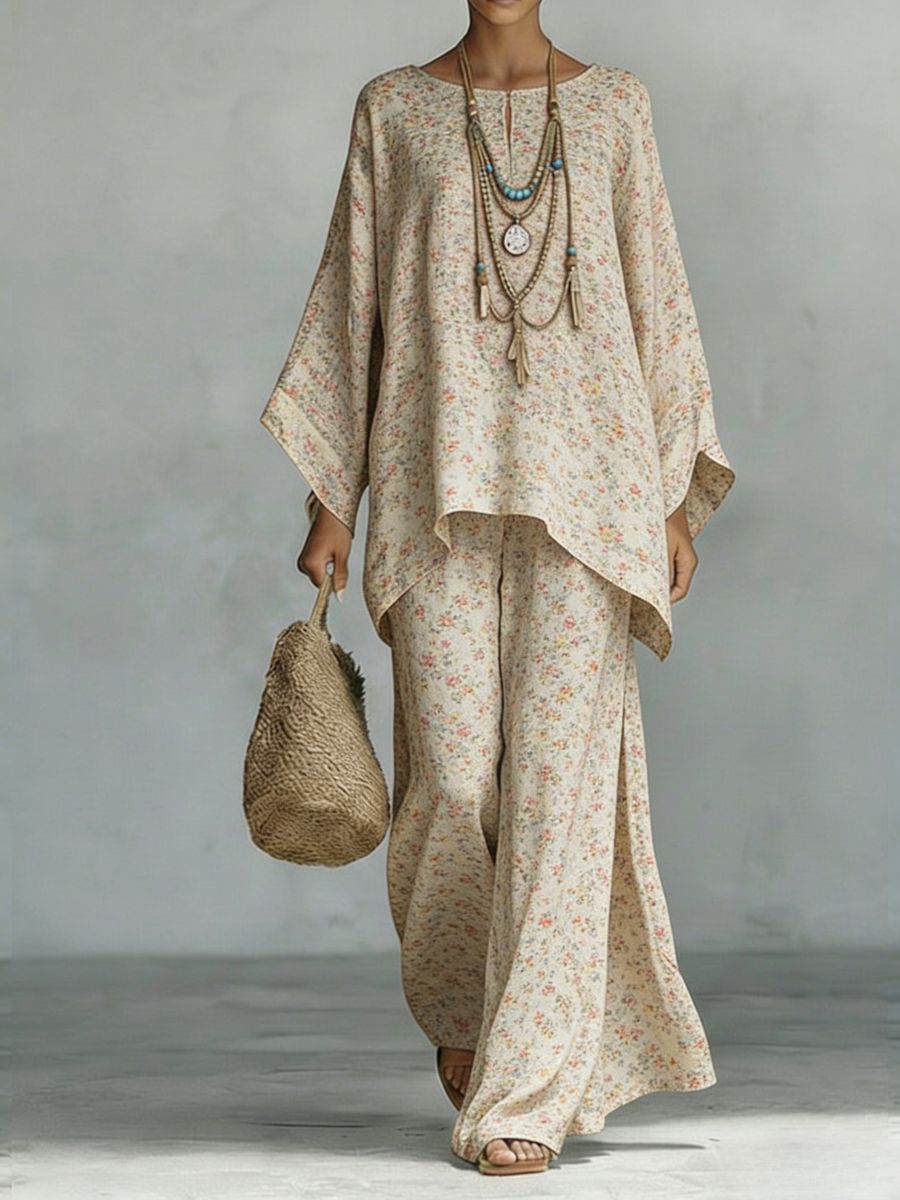 Women's Floral Print Linen Wide-Leg Two-Piece Set - Image 8