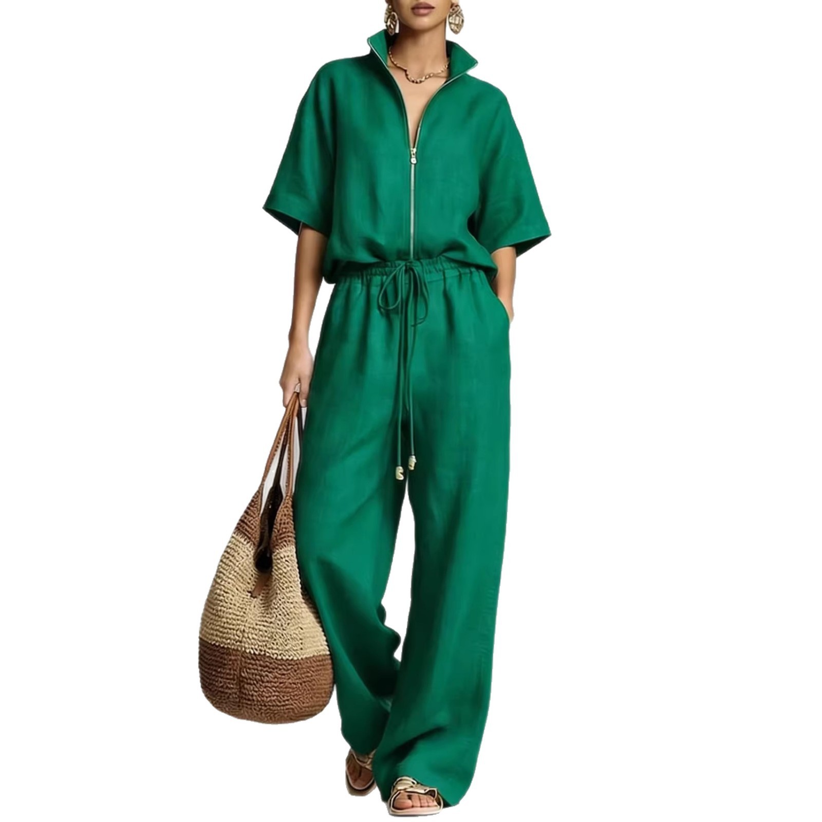 Womens Casual Loose Solid-Color Zip-Up Crew-Neck Wide-Leg Pants Set - Image 8