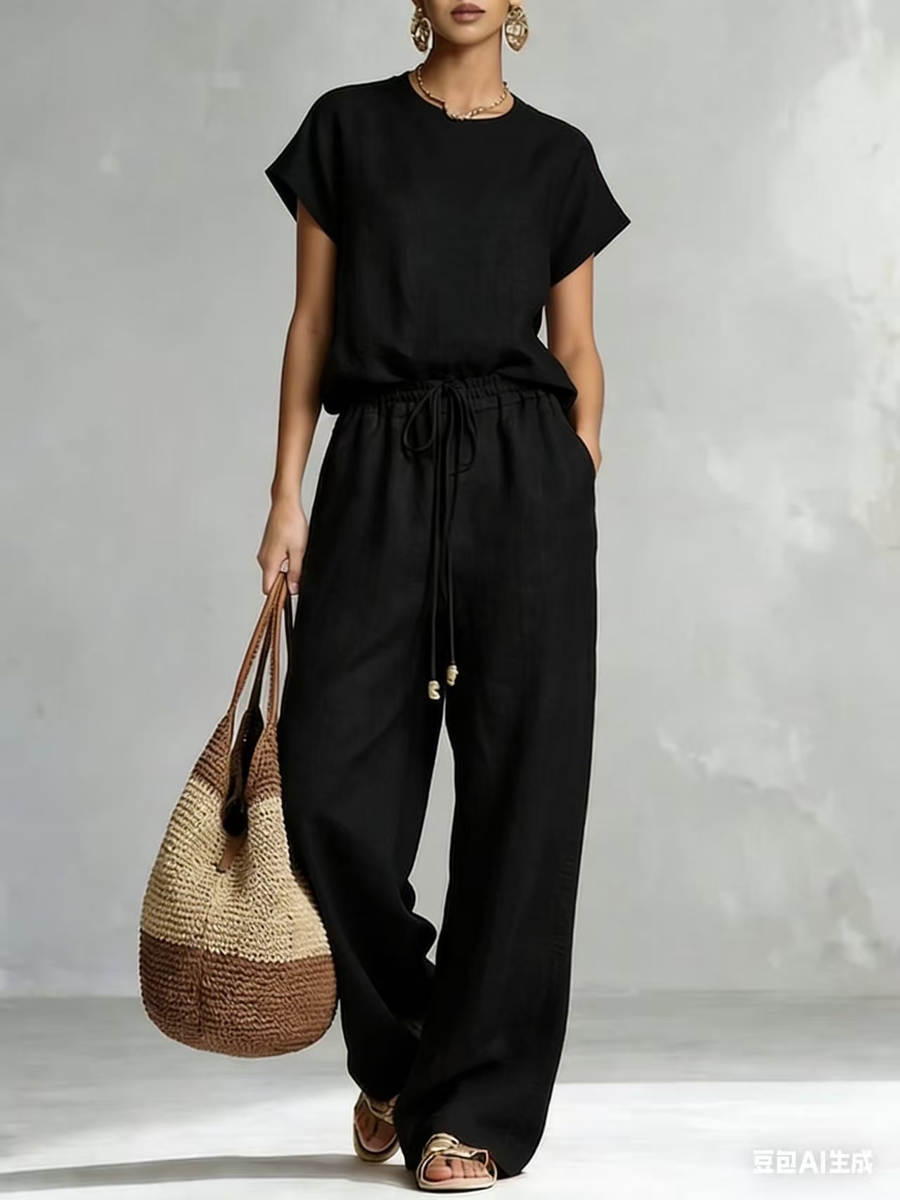 Womens Casual Loose Solid-Color Zip-Up Crew-Neck Wide-Leg Pants Set - Image 6