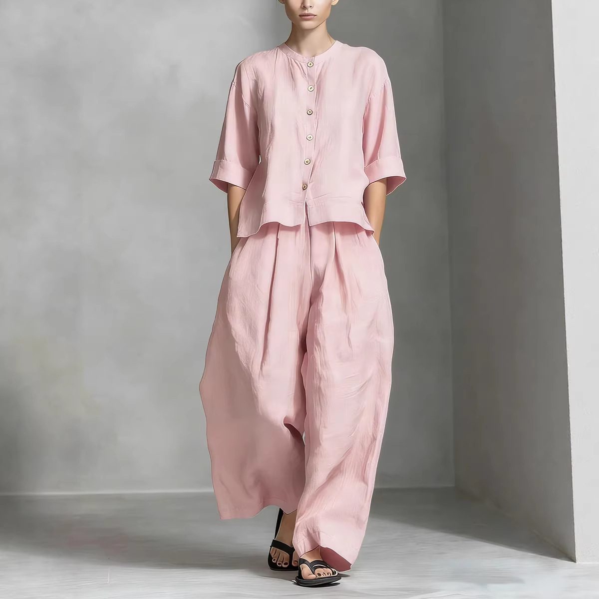 Solid-color Cotton-linen Shirt And Loose-fitting Trousers Two-piece Set - Image 7