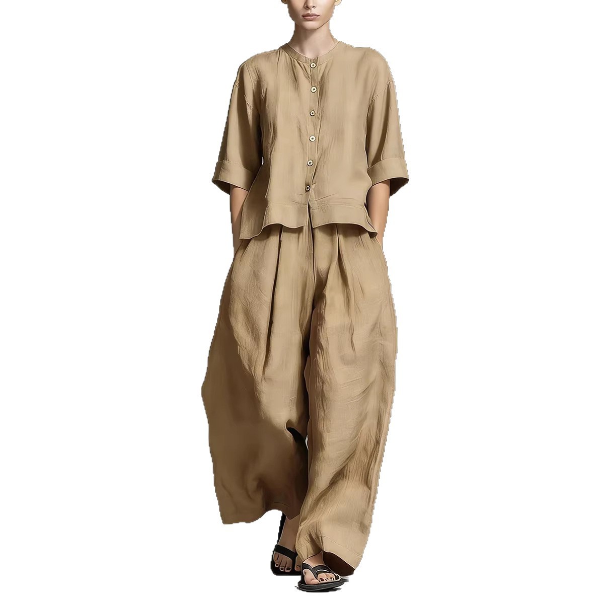 Solid-color Cotton-linen Shirt And Loose-fitting Trousers Two-piece Set - Image 6