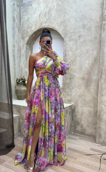 Floral Print Split Maxi Dress Fashion Sexy One-shoulder Long-sleeved Dresses Summer Beach Clothing For Women - Image 5