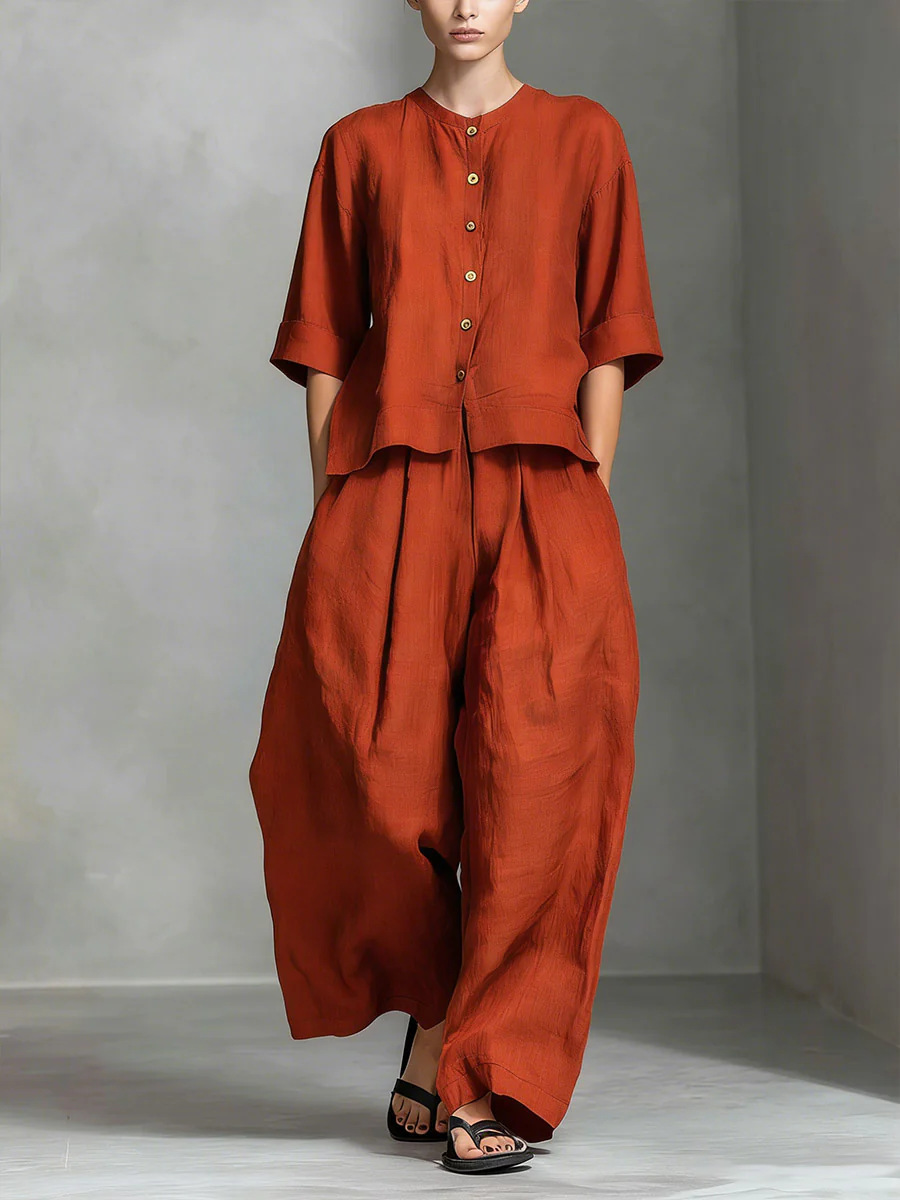 Solid-color Cotton-linen Shirt And Loose-fitting Trousers Two-piece Set - Image 4