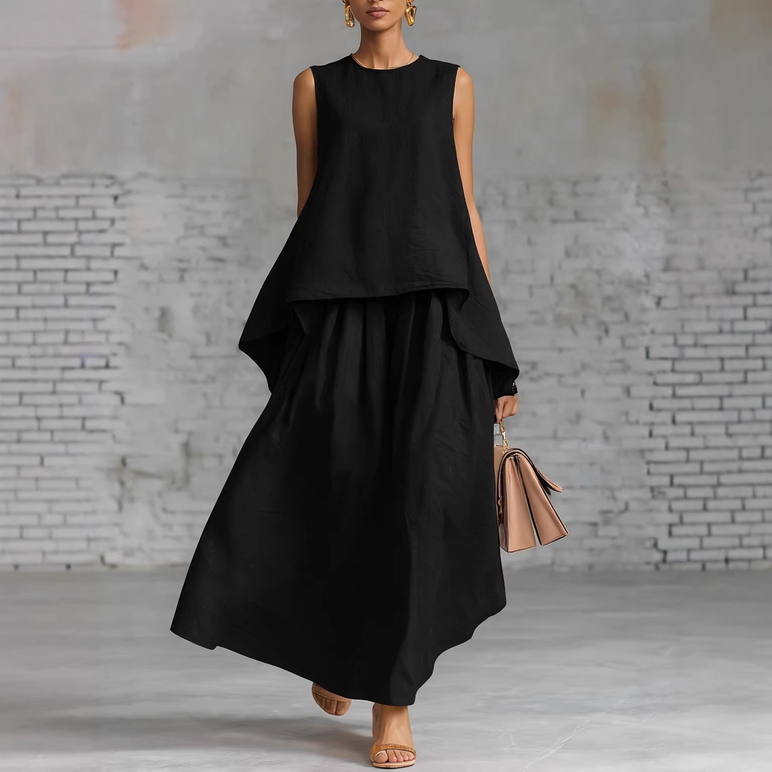 Elastic-waist Sleeveless Top With An Asymmetrical Hem And A Pleated Maxi Skirt - Image 2