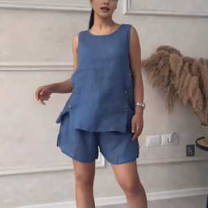 Women's Plus-size Cotton-linen Shirt Set