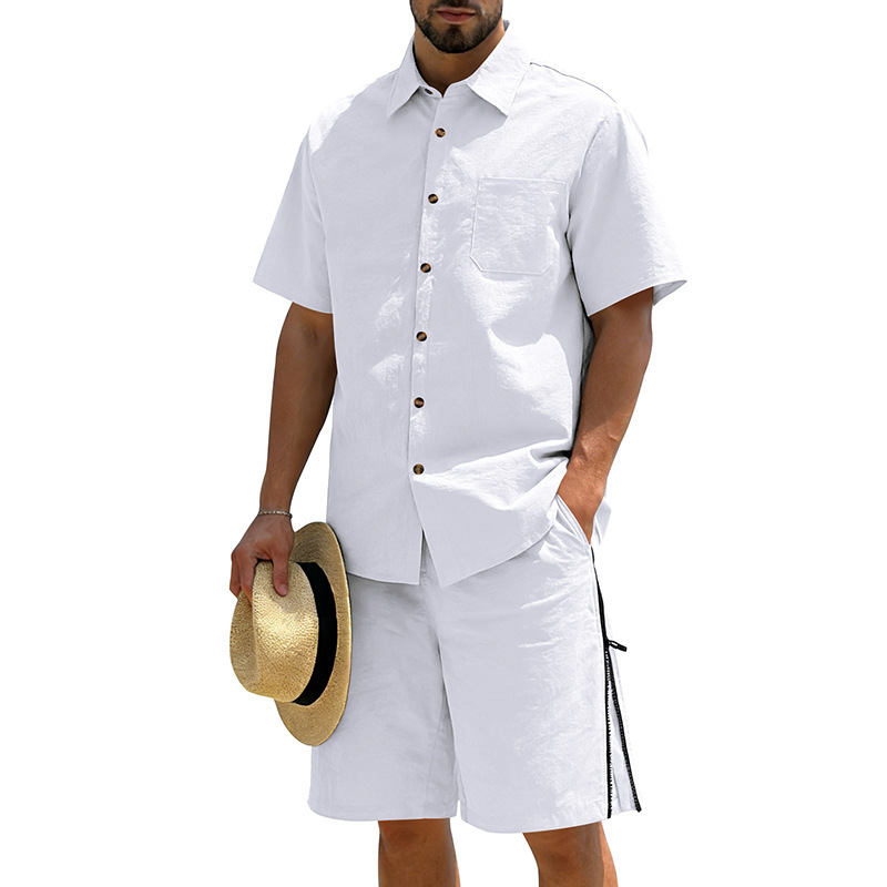 Mens Short-Sleeve Button-Down Shirt Drawstring Shorts Two-Piece Set - Image 2