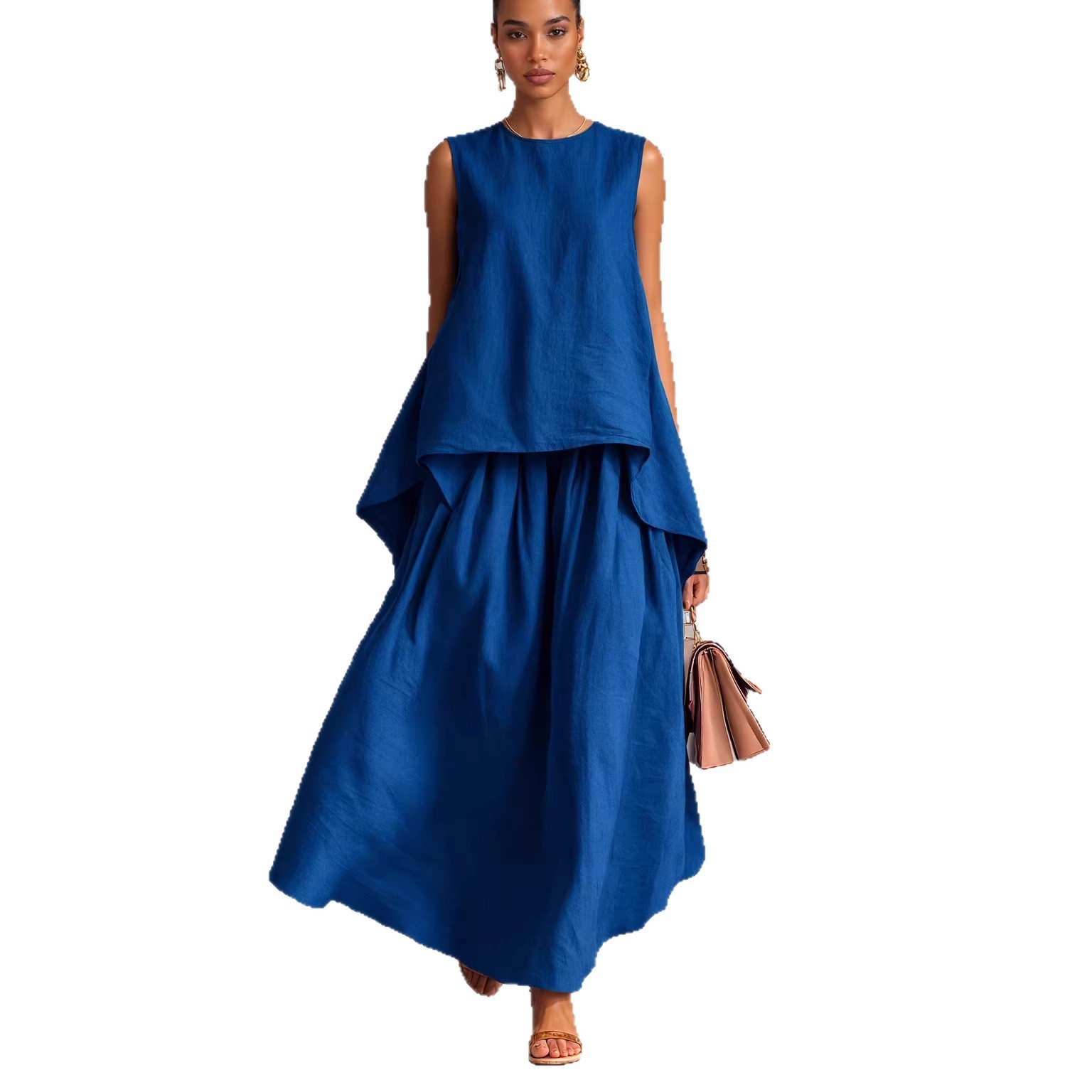Elastic-waist Sleeveless Top With An Asymmetrical Hem And A Pleated Maxi Skirt - Image 9