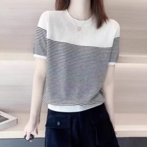 Round Neck Ice Silk Knitwear Thin Simple Pullover Short Sleeve