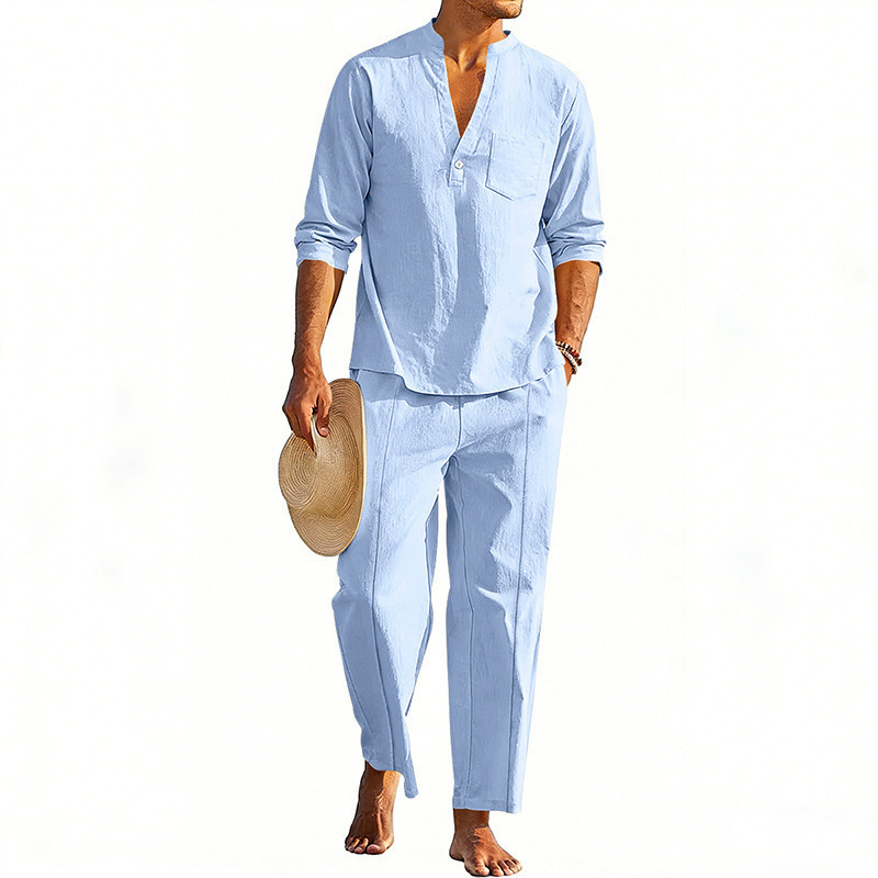 Casual Men's Henley Long-Sleeve Straight-Leg Pants Set - Image 4