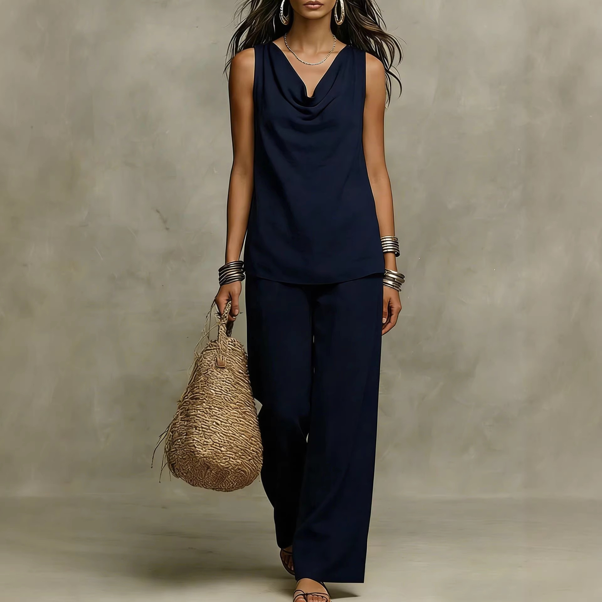 Womens Slash-Neck Sleeveless Tank Top And Casual Pants Set - Image 6