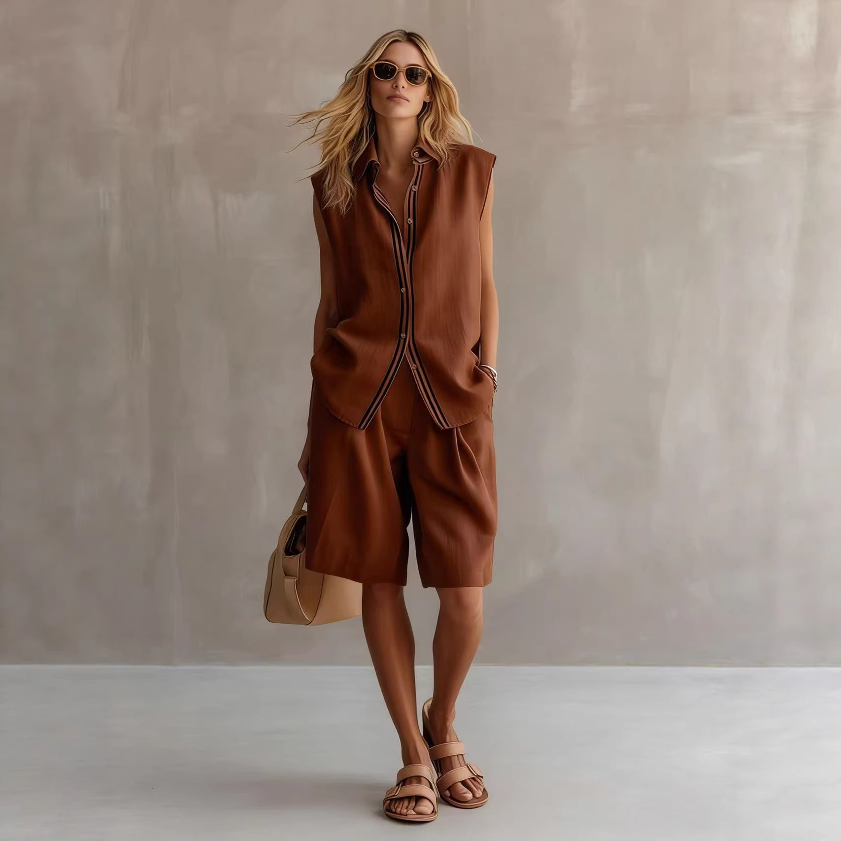 Single-breasted Sleeveless Linen Shirt And Shorts Set - Image 5