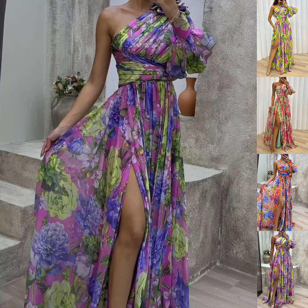 Floral Print Split Maxi Dress Fashion Sexy One-shoulder Long-sleeved Dresses Summer Beach Clothing For Women