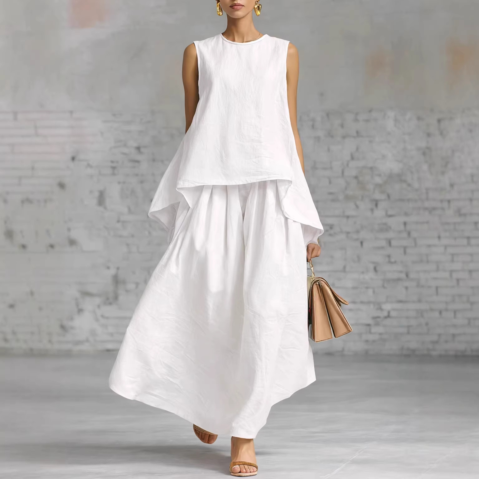Elastic-waist Sleeveless Top With An Asymmetrical Hem And A Pleated Maxi Skirt - Image 6