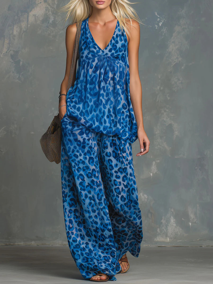 Womens Loose-Fitting Leopard-Print Sleeveless Top And Chiffon Pants Set - Image 5