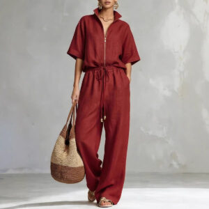 Womens Casual Loose Solid-Color Zip-Up Crew-Neck Wide-Leg Pants Set