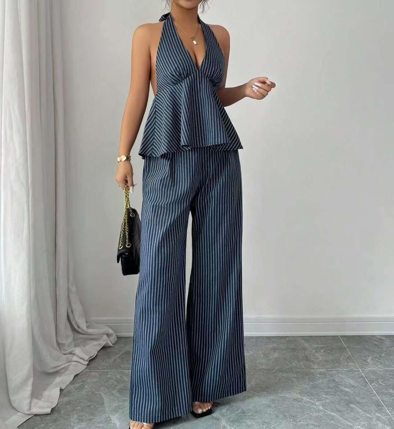 Sexy Backless Halter Jumpsuit And Straight Pants Fashionable Casual Set - Image 3