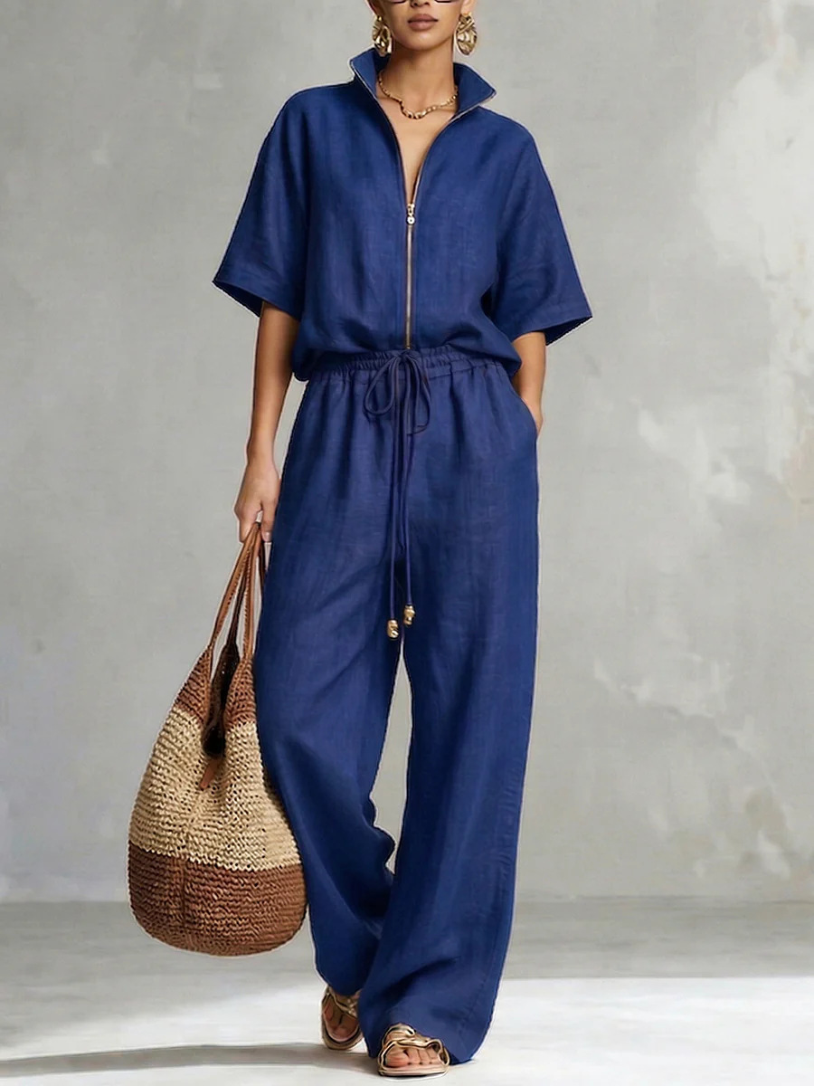 Womens Casual Loose Solid-Color Zip-Up Crew-Neck Wide-Leg Pants Set - Image 7