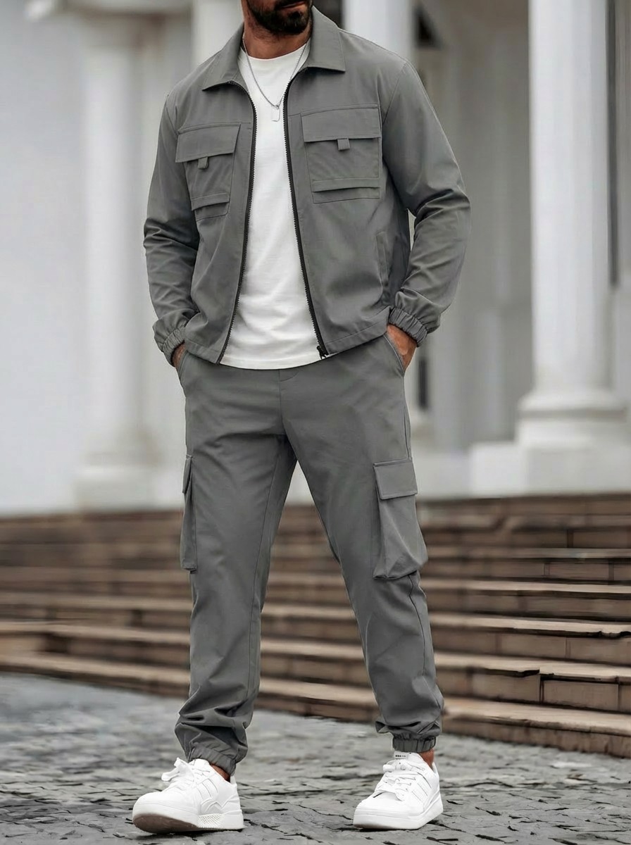 Mens Long-Sleeve Zip-Up Top And Pants Casual Workwear Set - Image 4