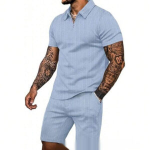 Zip Up Short Sleeve Shorts Men's Casual Set