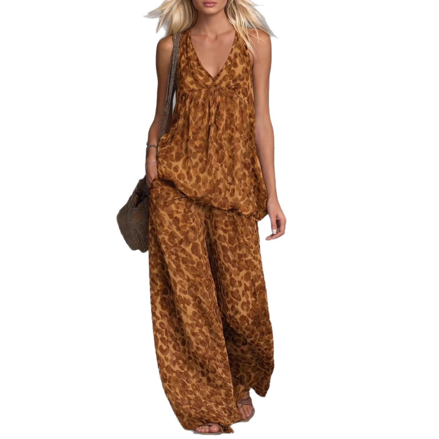 Womens Loose-Fitting Leopard-Print Sleeveless Top And Chiffon Pants Set - Image 9