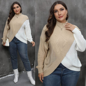 Contrast-color Patchwork Crossover Woven Sweater Mock-neck Pullover