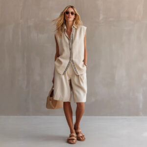 Single-breasted Sleeveless Linen Shirt And Shorts Set
