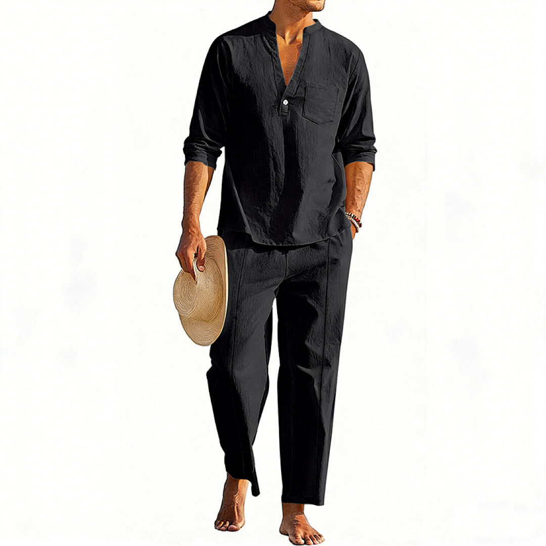 Casual Men's Henley Long-Sleeve Straight-Leg Pants Set - Image 3