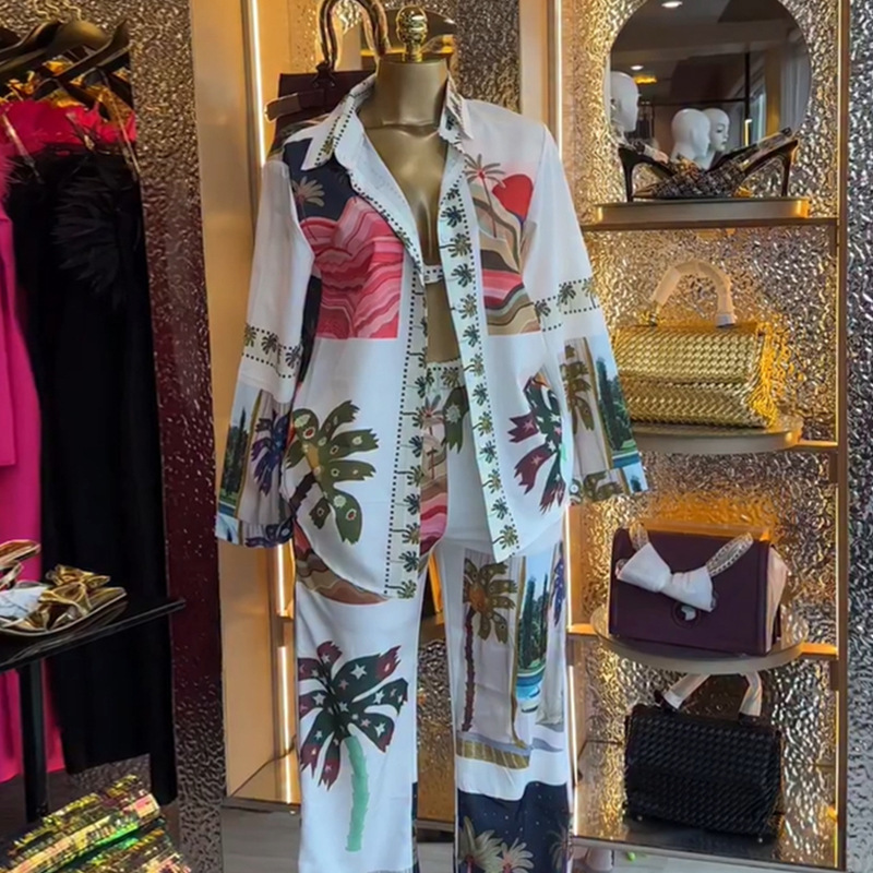 Printed Long-sleeve Shirt Bralette And Wide-leg Pants Three-piece Set - Image 6