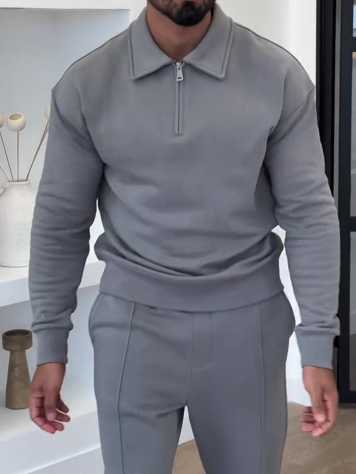 Half-Zip Polo Neck Sweatshirt & Slim Flare Pants Set - Image 4